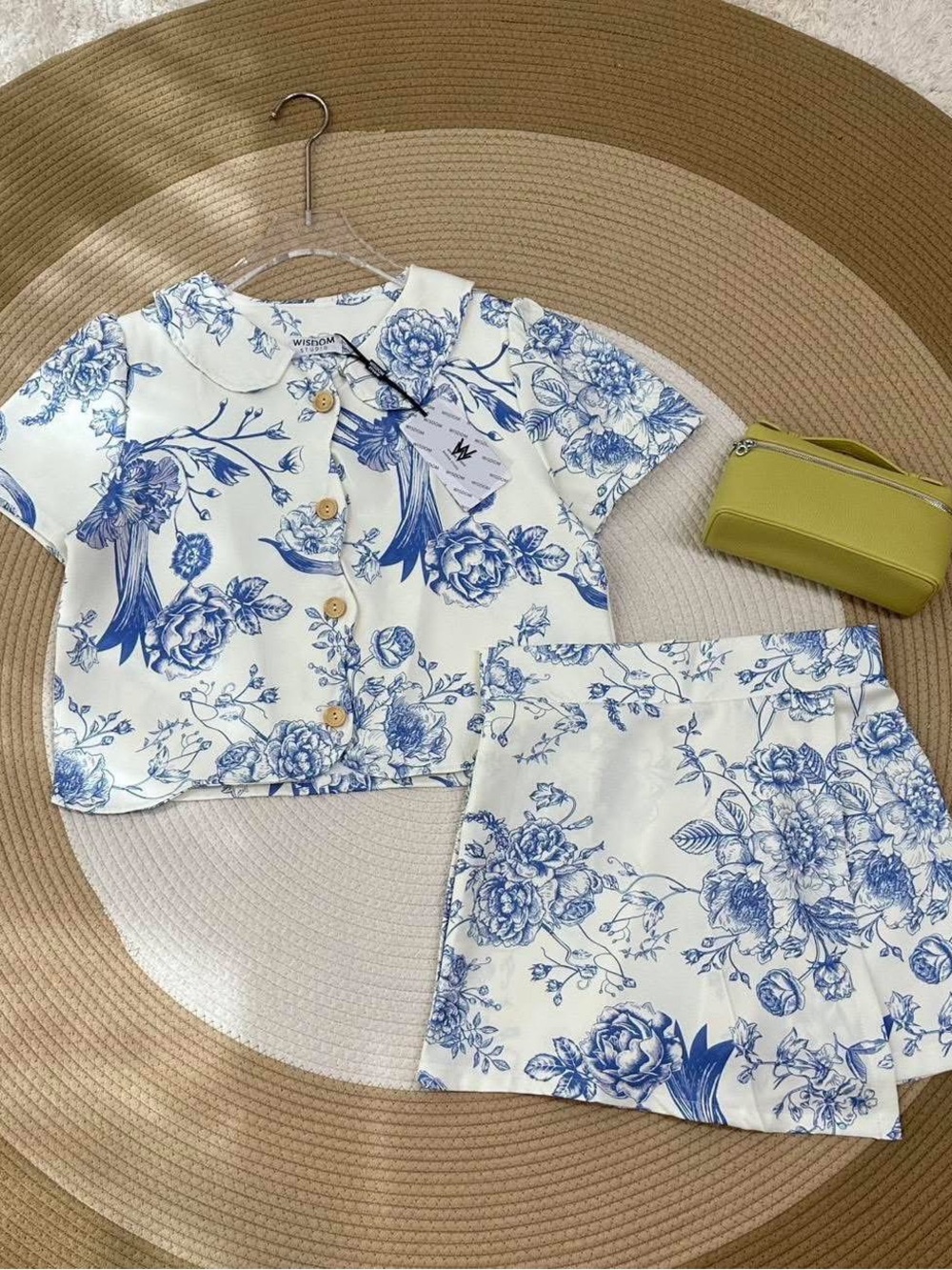 White Two-Piece Floral Set with Blue Botanical Print